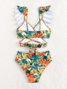 Ensemble bikini à imprimé feuilles tropicales avec bretelles à volants et lien croisé