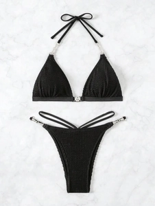 Black textured halter bikini set with diamond detail and silver chain strap accents