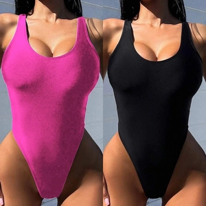 Detail of slim fit backless one-piece swimsuit in vibrant rose red and classic black