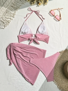 Bikini 3 pièces rose scintillant avec haut licou, culotte et paréo assorti
