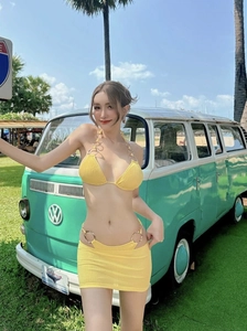 Women Halter Bikini Top With Triangle Bottom And Mini Skirt Ribbed Metal Ring Decor Swimwear Beach Resort Fashion Vacation