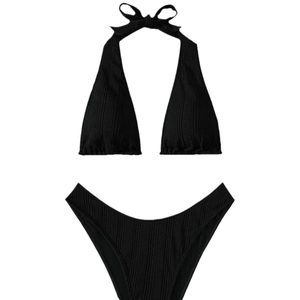 Classic black ribbed bikini set with halter neck top and minimalist triangle bottoms