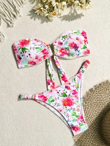 Bikini Imprimé Floral Sexy pour Femmes Maillot de Bain Avec Boucle en V en Métal Détail Bordure en Dentelle Haut Bandeau Et Bas Échancré Beachwear