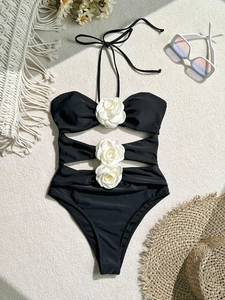 Women Sexy One Piece Halter Monokini With 3D Rose Flower Decoration Elegant Summer Vacation Backless Beach Swimwear
