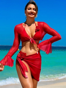 Ensemble bikini 4 pièces rouge sexy avec roses 3D et cache-maillot de plage en maille légère