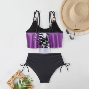 Set bikini viola con stampa teschio e slip a vita alta con coulisse regolabile