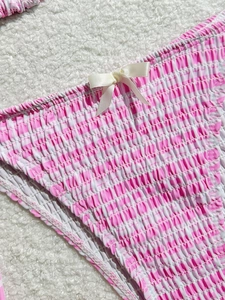 Bas de bikini à carreaux vichy rose avec smocks et nœud décoratif sur fond peluche