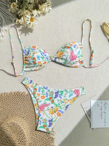 Women Bikini Set Two Piece Swimsuit Floral Print Ribbed Fabric Adjustable Straps High Cut Sexy Beachwear Bathing Suit