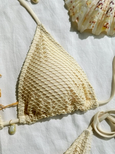 Beige crochet mesh bikini top with shell pendants and bohemian triangle cup design