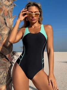 Women Sexy One Piece Swimsuit Contrast Color Patchwork Cutout Backless Bathing Suit Quick Dry Sporty Beachwear Swimwear