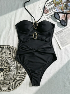 Women Sexy One Piece Swimsuit Black Halter Cut Out Bathing Suit With Gold Metal Rings Hollow Beachwear Swimwear For Ladies