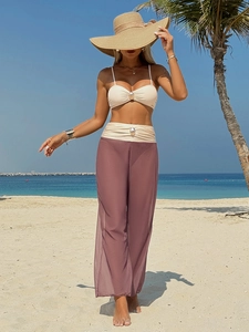 Women's Sexy Contrast Color Bikini Top And High Waisted Bottom And Chiffon Wide Leg Pants For Vacation Beachwear
