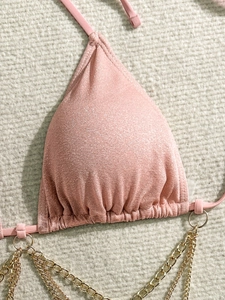Set bikini 3 pezzi glitterato con vita alta, coulisse e dettagli in catena dorata