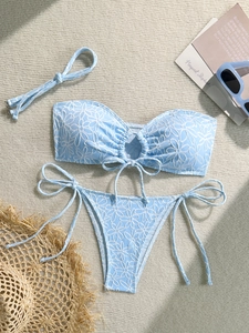 Women Sexy Daisy Textured Embroidered Bikini Set Top And Bottom Lace Up Bandeau Swimsuit For Beach Vacation Swimwear