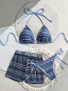 Three-piece bikini set featuring halter top and boyshorts with blue striped knit texture