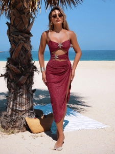 Women's Sexy Glitter Bikini Set With Padded Top And High Slit Beach Skirt Starfish Decor Top And Bottom For Vacation