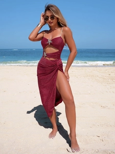 Sexy wine red sparkly two-piece beach set with starfish metal charms and high slit skirt