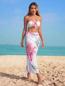 Women Sexy Floral Print Bikini Bandeau Top With Pink 3D Flower And Sheer White Beach Sarong Long Skirt Resort Swimwear