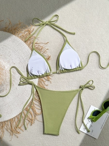 Olive green ribbed bikini set with halter triangle top and side-tie high-cut bottoms