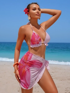 Dreiteiliges Blumen-Bikini-Set mit Neckholder-Top und passendem Strand-Sarong für Damen