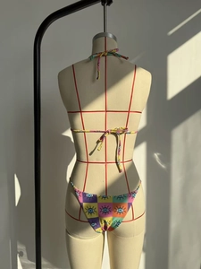Detail view of the bikini back featuring colorful checkered print and eye patterns