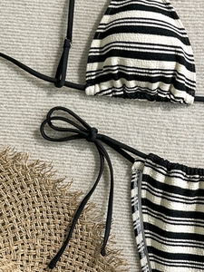Chic black and white striped ribbed knit bikini set with side tie triangle bottoms