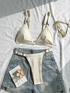 Damen Gerippter Bikini Farbblock Dreieck Badeanzug Mit Schildpatt-Ringen Strandmode Urlaub Top Und Unten Bademode