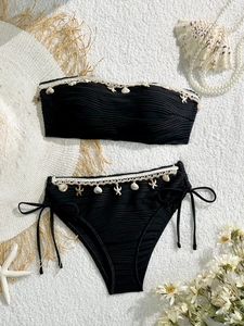 Set Bikini Bandeau Sexy da Donna Costume da Bagno a Pieghe con Conchiglie e Stelle Marine per Vacanza Mare Sopra e Sotto