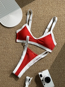 Women's Sexy Contrast Piping Two-Piece Bikini Set V-Neck High Cut Swimsuit Padded Swimwear For Beach Vacation Pool Party