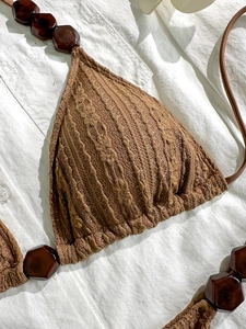 Brown textured knit halter bikini top with decorative geometric resin beads on the straps
