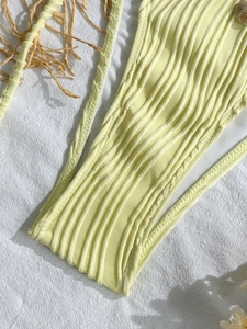 Detail of light yellow ribbed bikini fabric with decorative seashells and beach props