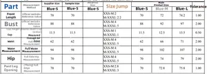 Detailed size chart for women contrast color one-piece swimsuit with body measurements
