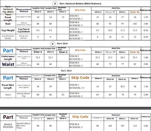 Detailed size guide table for women's 3-piece solid color bikini set in S to XL sizes