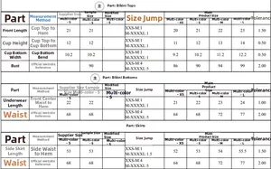 Detailed size chart in cm for tie-dye three-piece bikini swimsuit set with skirt