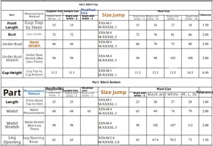 Detailed size chart for women's bandeau bikini set showing top and bottom measurements