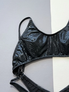 Sexy black snakeskin textured bikini set with glossy finish and metallic buckle detail