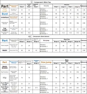 Guide des tailles pour ensemble bikini femme avec mesures du haut et du bas pour les tailles S-XL