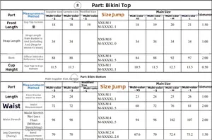 Tableau des tailles détaillé pour ensemble bikini femme à bords coquille du XS au L