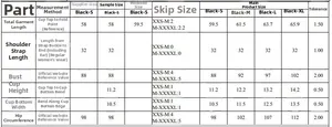 Detailed size chart for black snakeskin one-piece swimsuit with measurements in centimeters
