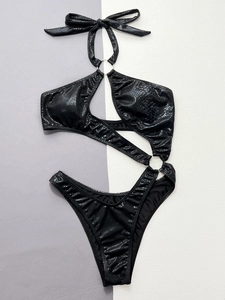One-piece black snakeskin swimsuit with cut-out design and silver ring details