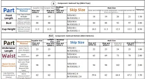 Detailed size chart for women's bikini set including bust and waist measurements in cm