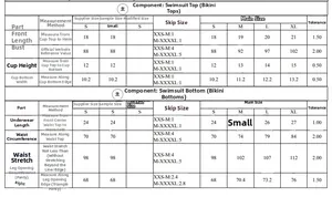 Detailed size chart for women's shell edge bikini set including top and bottom measurements