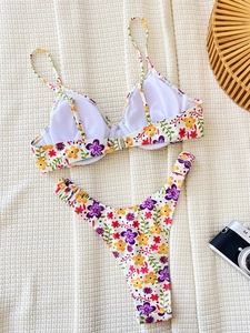 Two-piece floral print bikini with underwire cups and high-cut bottoms for beach vacations