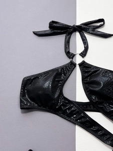 Sexy black snakeskin one-piece swimsuit with halter neck and metallic ring detail