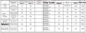 Guide des tailles pour maillot de bain une pièce beige pour femme avec mesures en cm