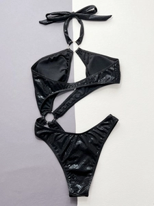 Sexy black snakeskin one-piece swimsuit with cut-out design and metal ring accents