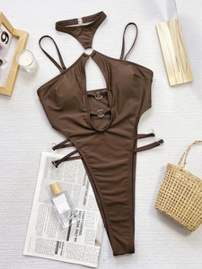 Dark brown cutout one-piece swimsuit with halter neck and decorative metal O-ring
