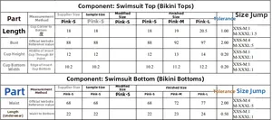 Detailed size chart for women's bikini set including tops and bottoms measurements