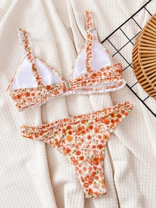 Floral ruffle two-piece bikini swimsuit with triangle top and thong bottom set