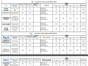 Detailed size chart for bikini set including tops and bottoms measurements for XS to L